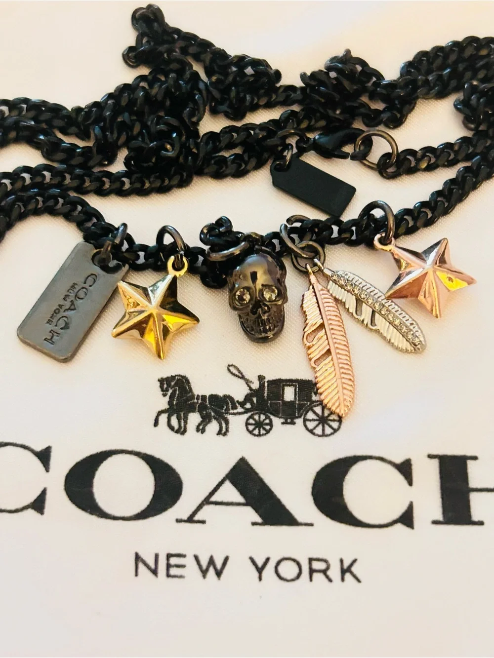 EXTREMELY RARE Coach Black Chain Necklace with Skull, Feather, Star Charms